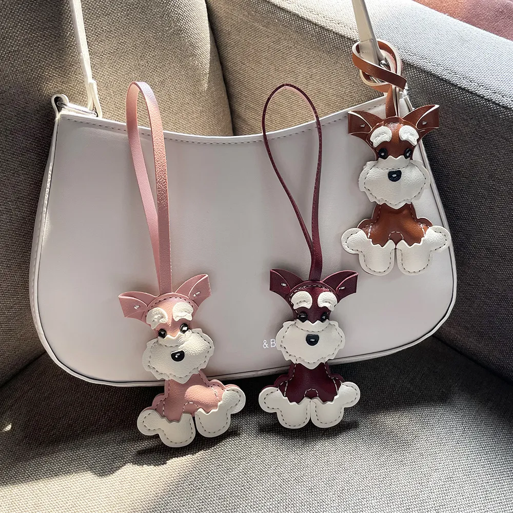 Women Fashion Cute PU Leather Schnery Puppy Pendant Keychain