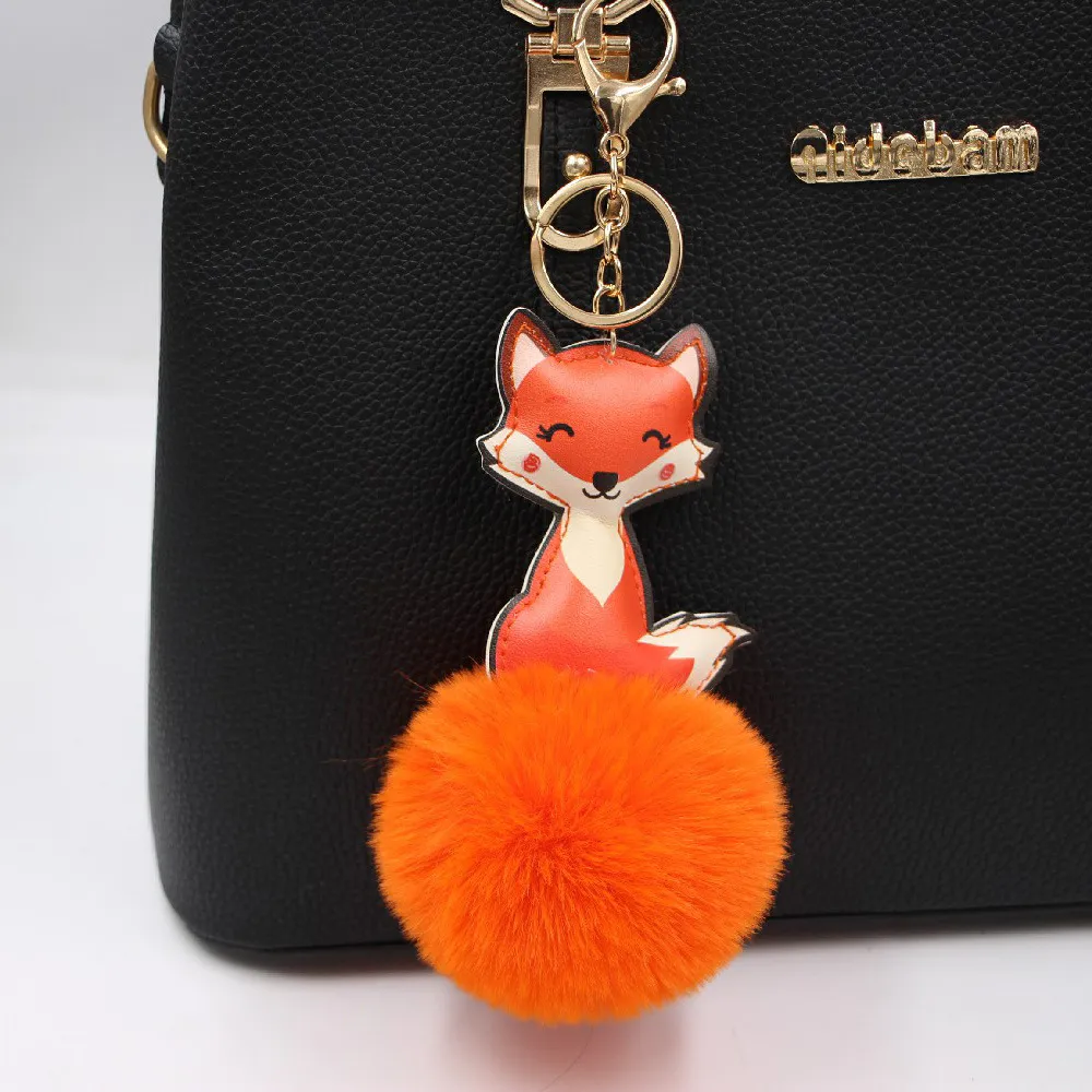 Women Fashion Cute Leather Fox Fur Ball Keychain