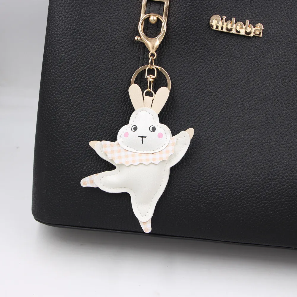 Women Fashion Cute Leather Ballet Dance White Rabbit Pendant Keychain