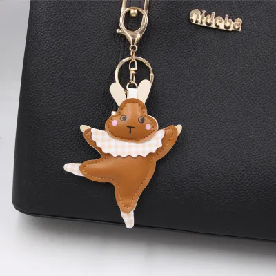 Women Fashion Cute Leather Ballet Dance White Rabbit Pendant Keychain