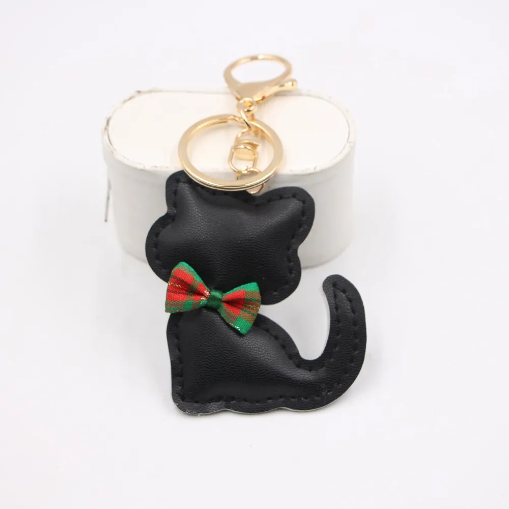 Women Fashion Cute Leather Bowknot Cat Pendant Keychain