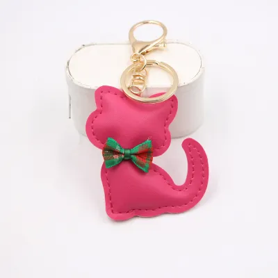 Women Fashion Cute Leather Bowknot Cat Pendant Keychain