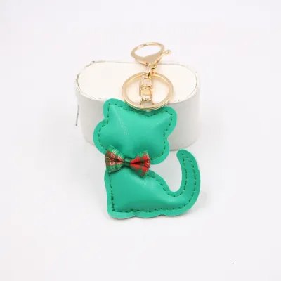 Women Fashion Cute Leather Bowknot Cat Pendant Keychain