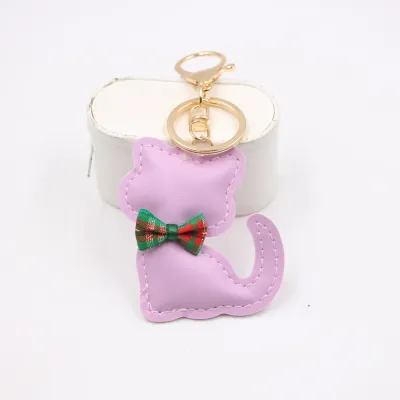Women Fashion Cute Leather Bowknot Cat Pendant Keychain