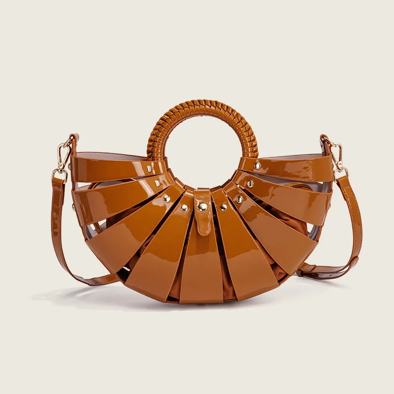 Women Fashion Solid Color Hollow Shell Basket PU Leather Handbag