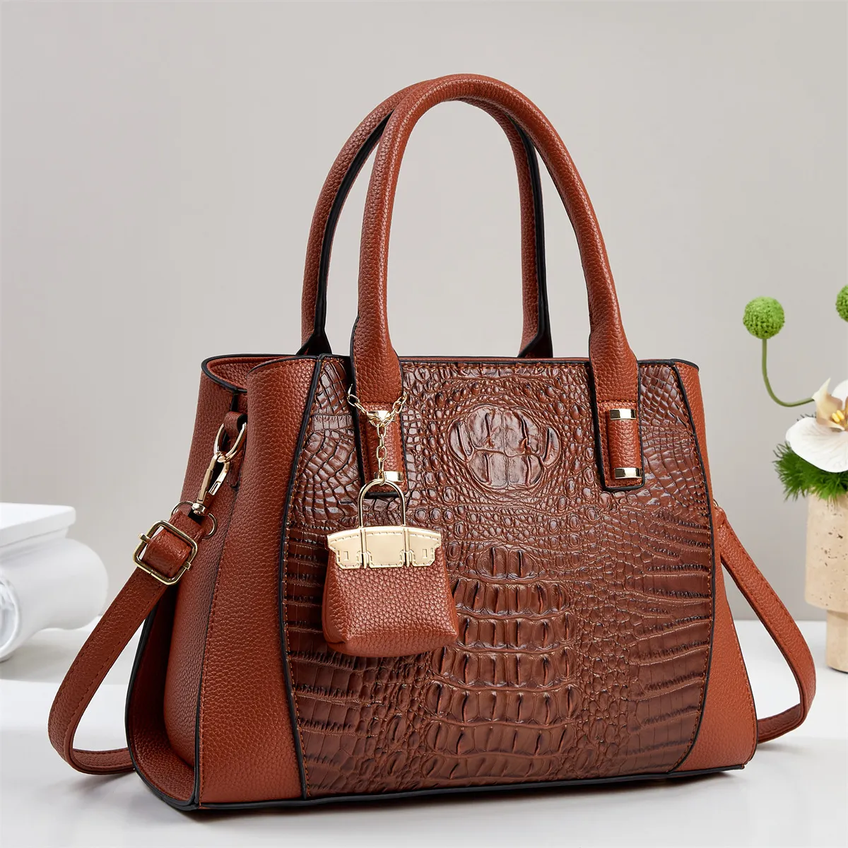 Women Fashion Casual Crocodile Grain Tote Bag Handbag