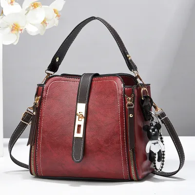 Women Fashion Casual Bucket Zipper Handbag PU Medium