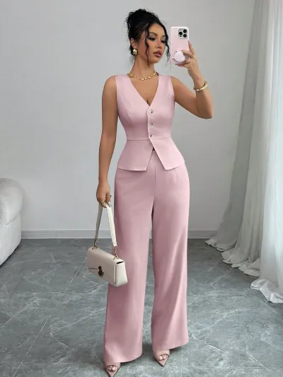 Women Casual Solid Color Sleeveless V-Neck Slim-Fit Tank Top High Waist Pants Two-Piece Set