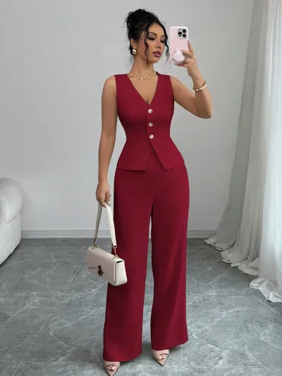 Women Casual Solid Color Sleeveless V-Neck Slim-Fit Tank Top High Waist Pants Two-Piece Set