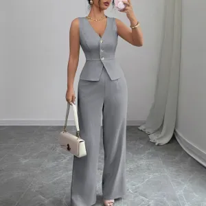 Women Casual Solid Color Sleeveless V-Neck Slim-Fit Tank Top High Waist Pants Two-Piece Set