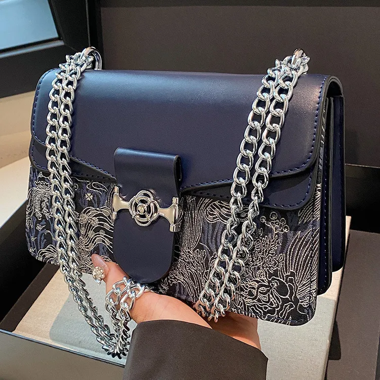 Women Fashion Printed Chain Small Square PU Shoulder Bag