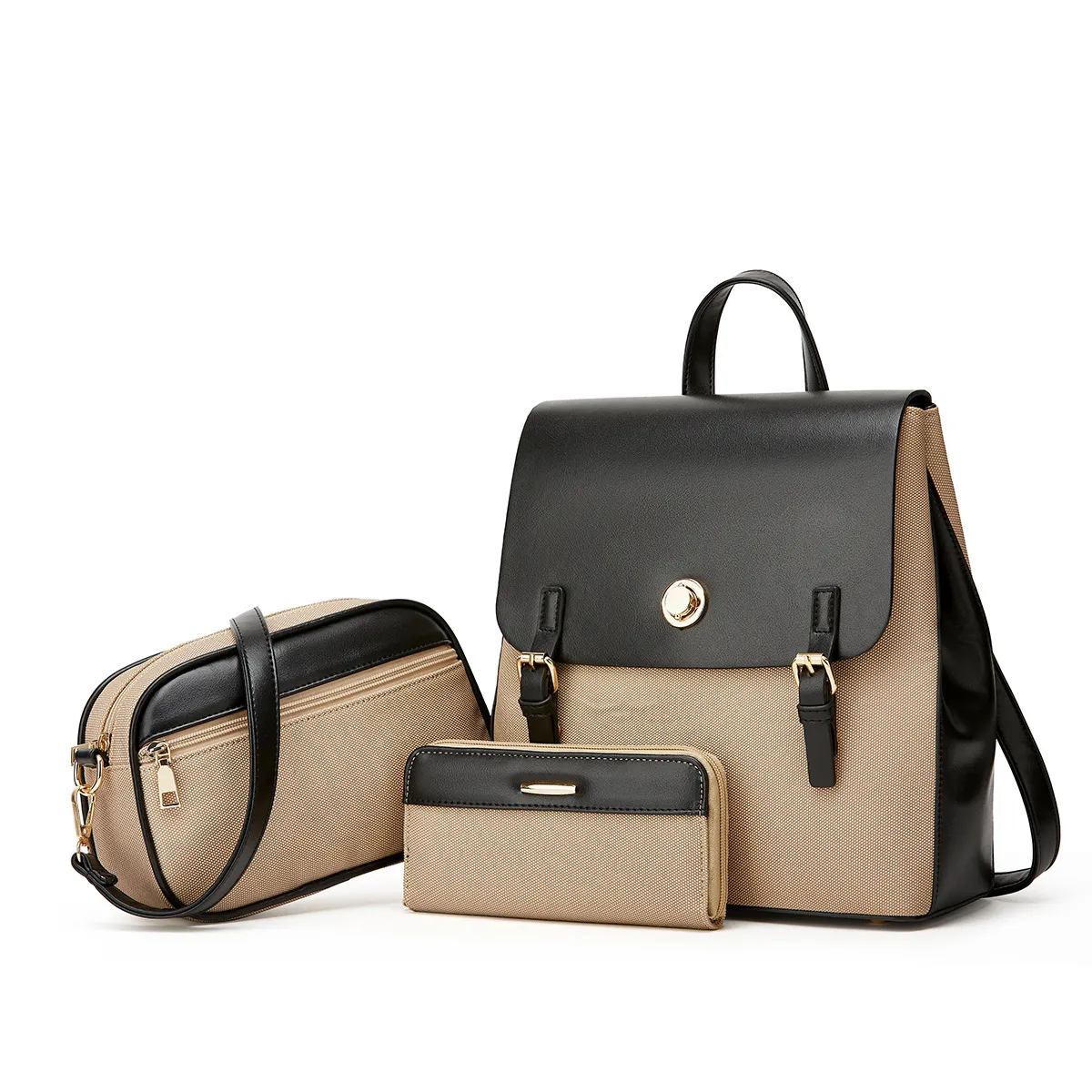 Women Fashion Retro Color Block Backpack Three-Piece Bag Set Bags HandBags