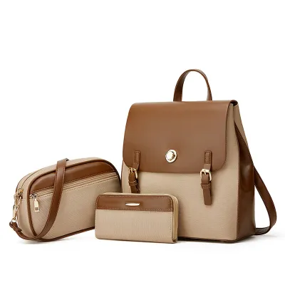 Women Fashion Retro Color Block Backpack Three-Piece Bag Set Bags HandBags