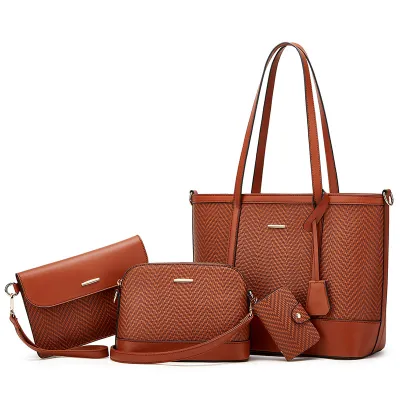 Women Fashion Casual Color Block Large Capacity PU Tote Bag Four-Piece Set