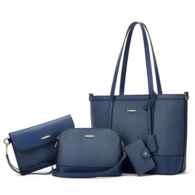 Women Fashion Casual Color Block Large Capacity PU Tote Bag Four-Piece Set