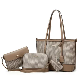 Women Fashion Casual Color Block Large Capacity PU Tote Bag Four-Piece Set