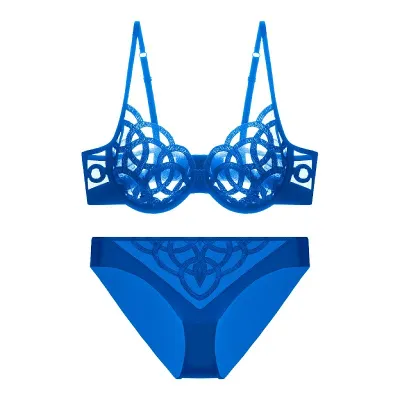 Women Sexy Solid Color Lace Embroidered Ultra-Thin Breathable Bridal Bra Set