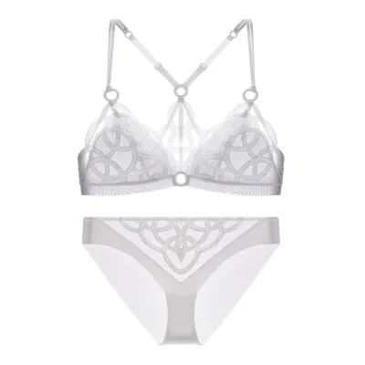 Women Fashion Sexy Solid Color Mesh Embroidered No-Ringsthin Bridal Lingerie Bra Set