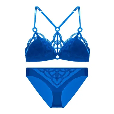 Women Fashion Sexy Solid Color Mesh Embroidered No-Ringsthin Bridal Lingerie Bra Set
