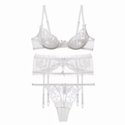Women Sexy Embroidered Lace Ultra-Thin Bra Set Bridal Lingerie Three-Piece