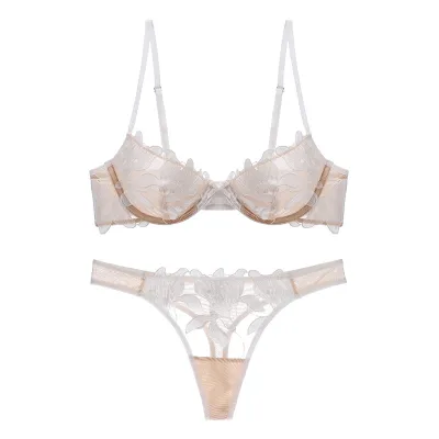 Women Fashion Sexy Lace Breathable Mesh Ultra-Thin Bra Set With Steel Ring Bridal Lingerie