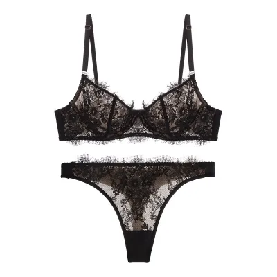 Women Fashion Sexy Solid Color Lace Ultra-Thin Breathable Bridal Bra Set