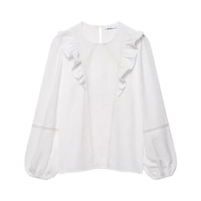 Women Casual Solid Color Floral Embroidered Long-Sleeve Cardigan Blouse