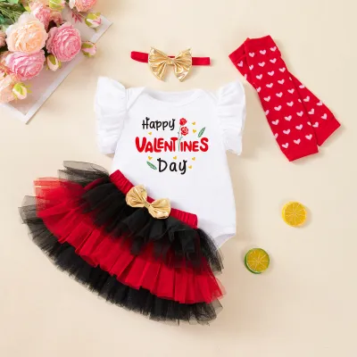 Kids Baby Girls Fashion Valentine'S Day Letter Printed Flutter Sleeve Rompers Mesh Skirts Socks Hairband Four-Piece Set