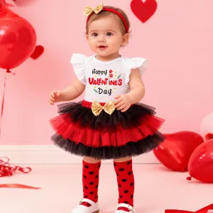 Kids Baby Girls Fashion Valentine'S Day Letter Printed Flutter Sleeve Rompers Mesh Skirts Socks Hairband Four-Piece Set