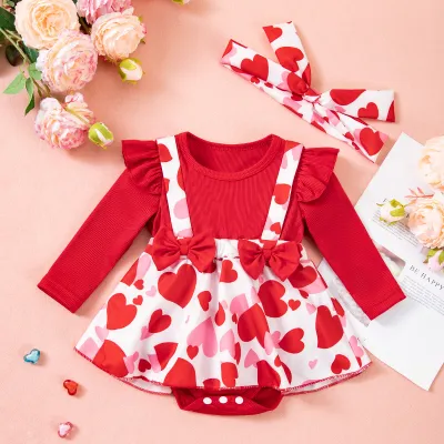 Kids Baby Girl'S Fashion Valentine'S Day Love Printed Bowknot Long-Sleeve Rompers Headband Two-Piece Set