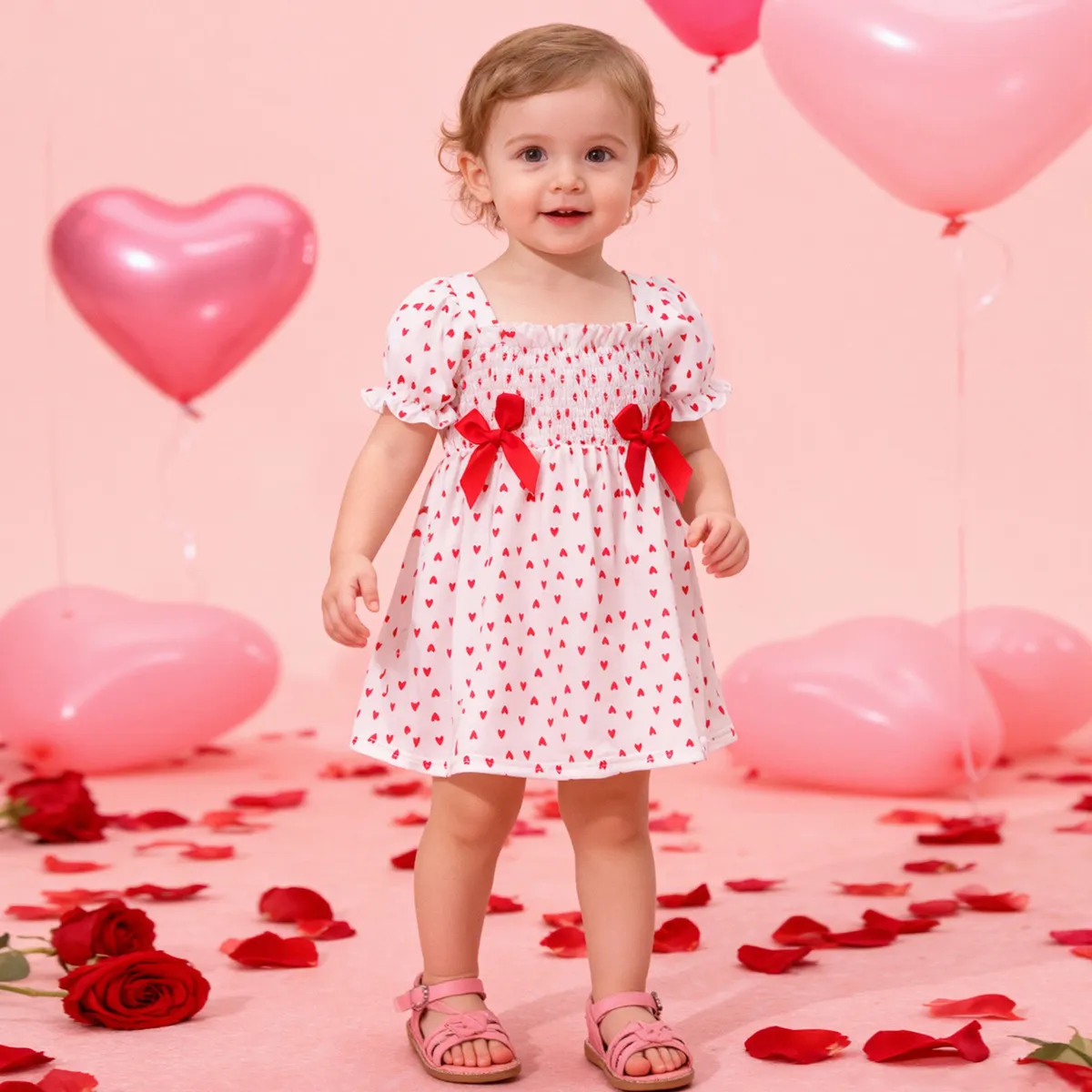 Kids Baby Girls Valentine's Day Love Printed Lantern Sleeve Party Dress