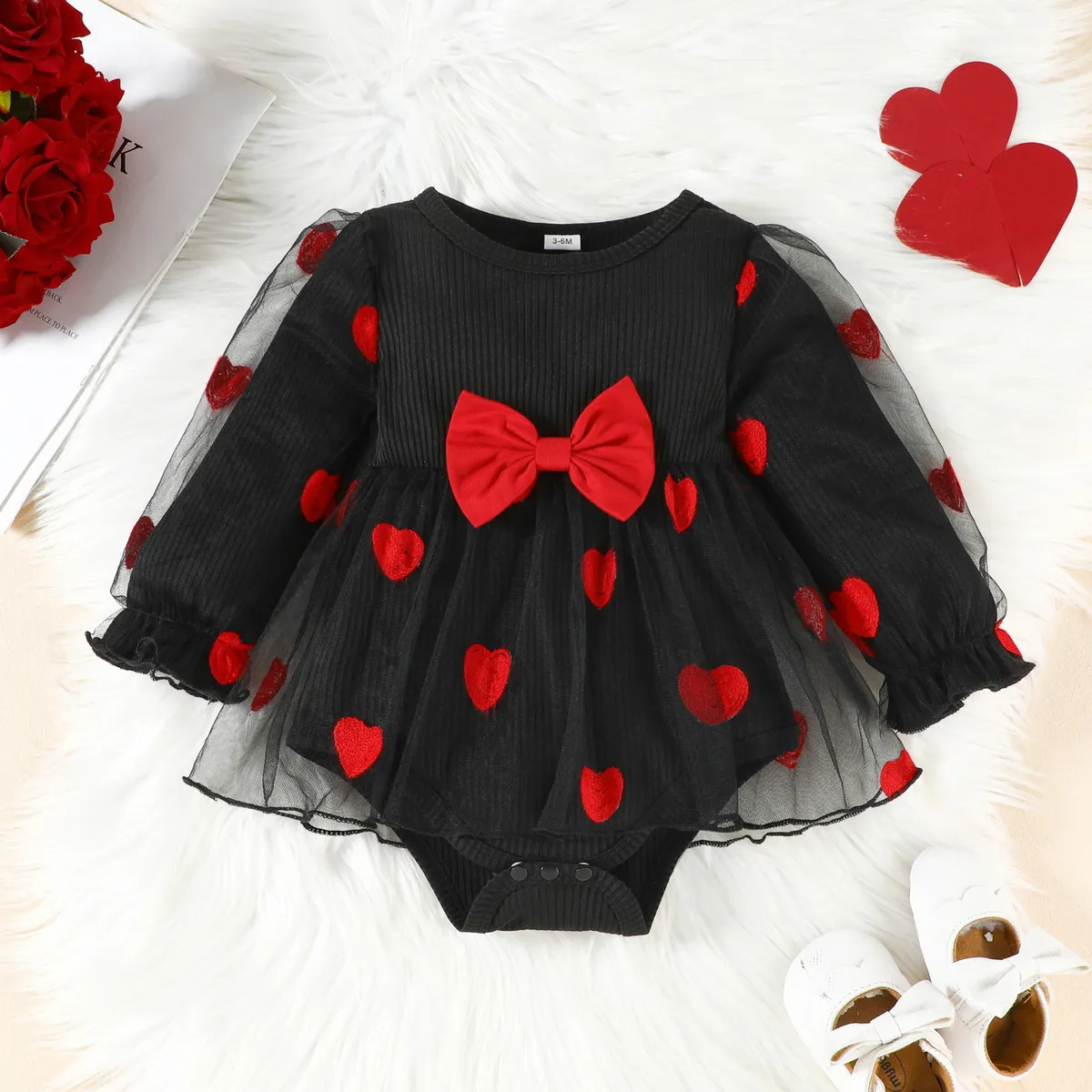 Kids Baby Girl Valentine's Day Stitching Love Embroidered Mesh Long-Sleeve Rompers