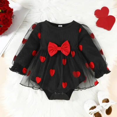 Kids Baby Girl Valentine's Day Stitching Love Embroidered Mesh Long-Sleeve Rompers