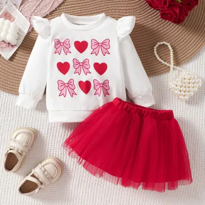 Kids Baby Girl Valentine's Day Love Printed Long Sleeve Sweatshirt and Mesh Skirt Two-Piece Set