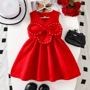 Kids Girls Valentine Pearl Bowknot Sleeveless Princess Dress