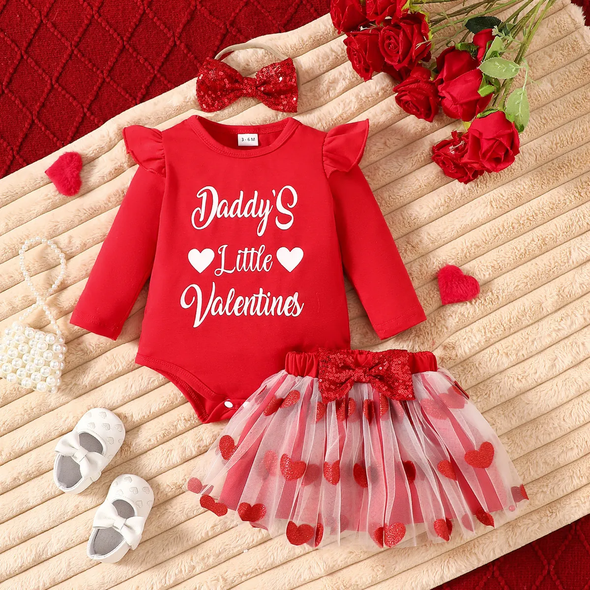 Kids Baby Girl Valentine's Day Printed Long Sleeve Rompers Mesh Skirt Hair Band Three-Piece Set Sweet Cotton Blend
