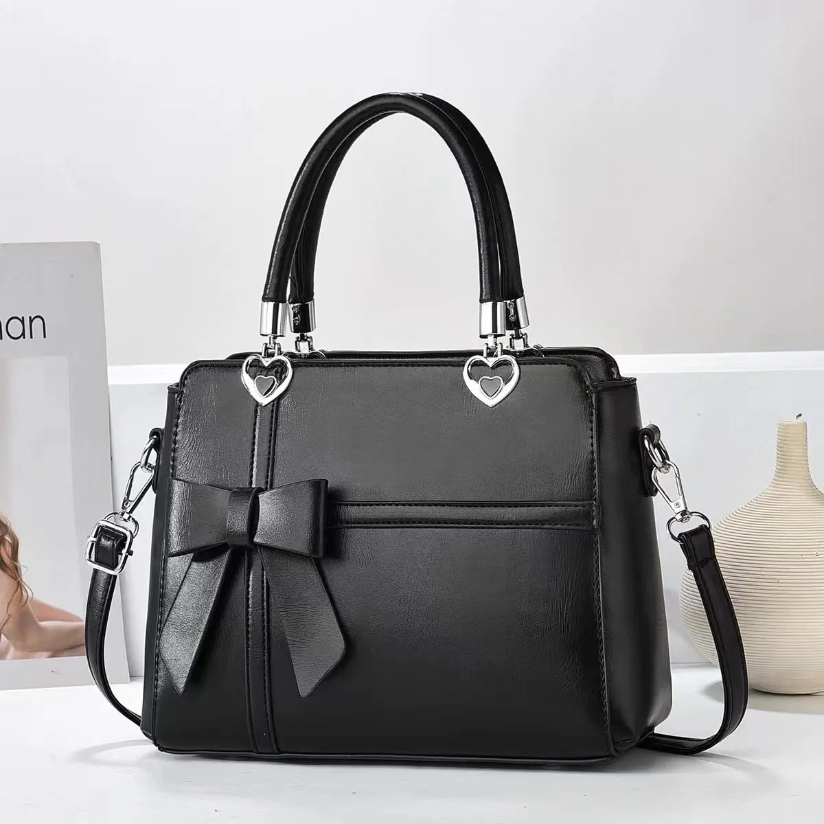 Women Stylish Simple Bow PU Tote Handbag