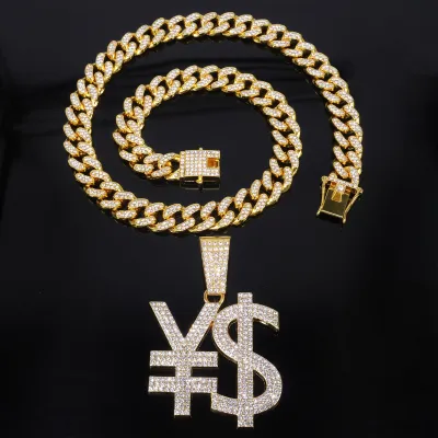 Personalized Hip Hop Dollar Sign Rhinestone Pendant Necklace