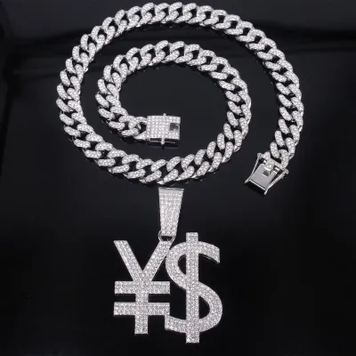 Personalized Hip Hop Dollar Sign Rhinestone Pendant Necklace