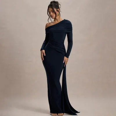 Women Sexy Solid Color Slant Collar Long Sleeve Tight Pleated Dress