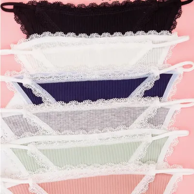 Women Sexy Solid Color Lace Edge Low Waist Breathable Cotton Thong