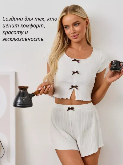 Women Sexy Solid Color Bowknot Short-Sleeve Crop Top Slim-Fit Shorts Pajama Set