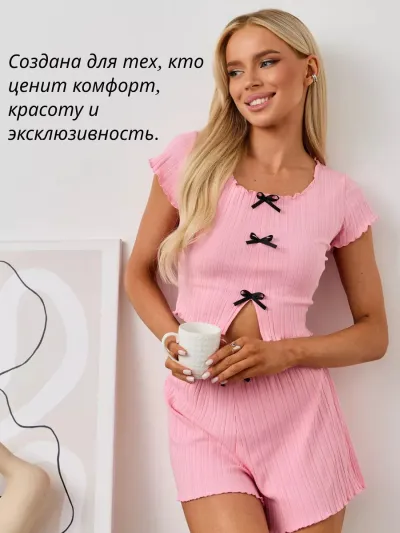 Women Sexy Solid Color Bowknot Short-Sleeve Crop Top Slim-Fit Shorts Pajama Set