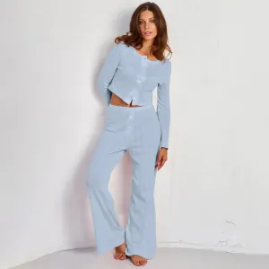 Women Casual Solid Color Hollow Jacquard Long Sleeve Cardigan Loose Pants Pajama Set