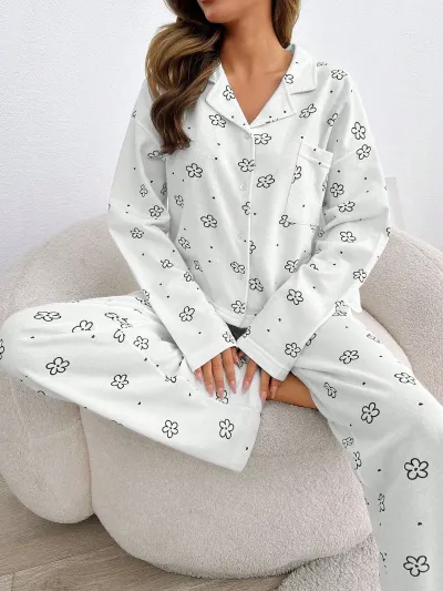 Women's Casual Floral Print V-Neck Long-Sleeve Top and Loose Pants Pajama Set