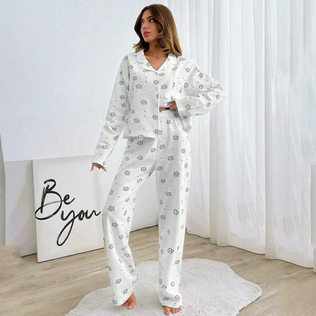 Women's Casual Floral Print V-Neck Long-Sleeve Top and Loose Pants Pajama Set