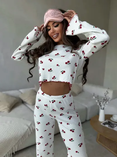 Women's Casual Printed Long Sleeve T-Shirt and Loose Pants Pajama Set