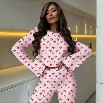 Women's Casual Printed Long Sleeve T-Shirt and Loose Pants Pajama Set