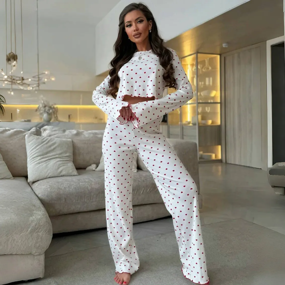 Women's Casual Printed Long Sleeve T-Shirt and Loose Pants Pajama Set