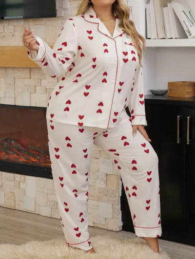 Women Plus Size Printed Long Sleeve Cardigan Loose Pants Pajama Set